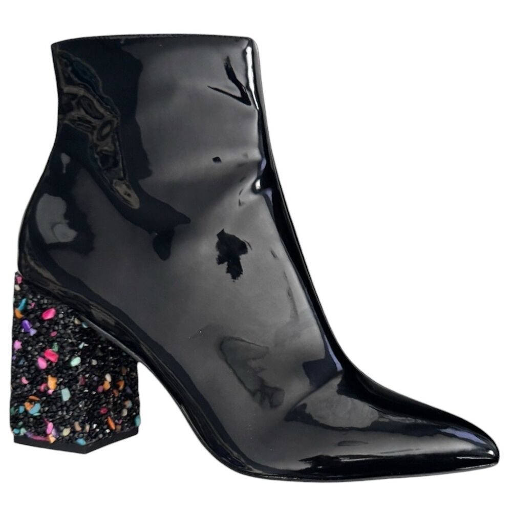 Betsey Johnson Boots Womens Size 7.5 Black Patent Kassie Rhinestone Block Heel